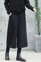 Chouyatou Women's Fall Wool Blend Culottes Capri Cropped Pants Elastic High Waist Wide Leg Palazzo Trouser