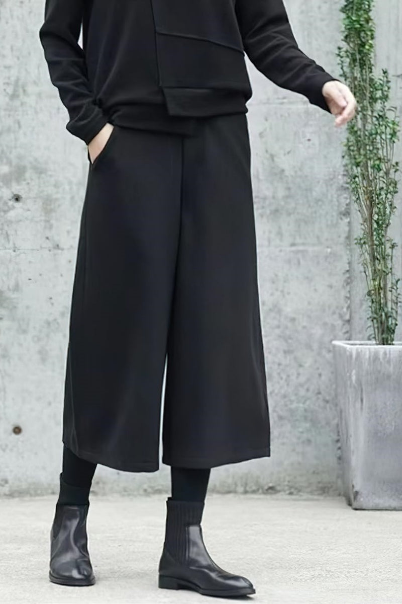 Chouyatou Women's Fall Wool Blend Culottes Capri Cropped Pants Elastic High Waist Wide Leg Palazzo Trouser