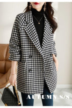 Chouyatou Womens Notched Lapel Pea Coat Double Breasted Blazer Jackets Houndstooth Woolen Blend Overcoat with Pockets
