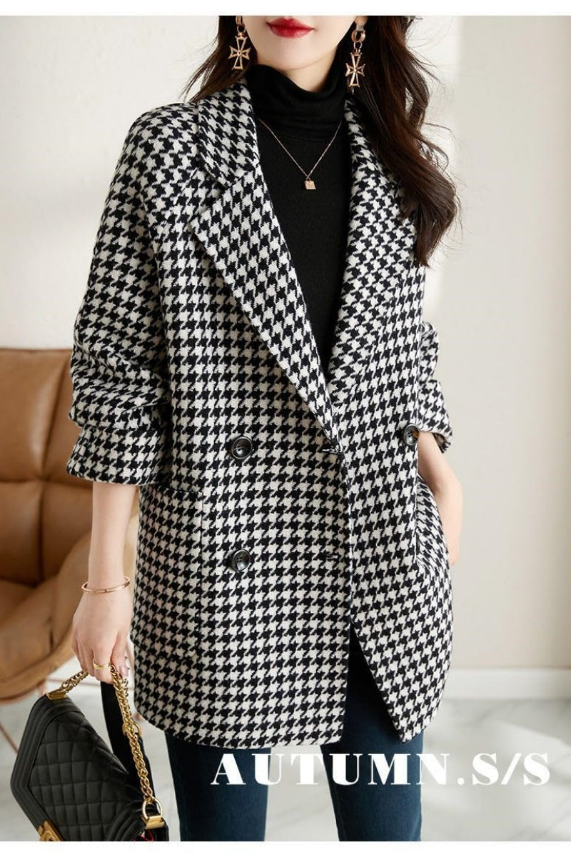 Chouyatou Womens Notched Lapel Pea Coat Double Breasted Blazer Jackets Houndstooth Woolen Blend Overcoat with Pockets
