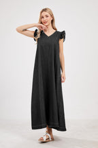 Chouyatou Womens Long Denim Dress Casual Loose Fit Ruffle Sleeveless V-Neck Jean Maxi Dresses for Women
