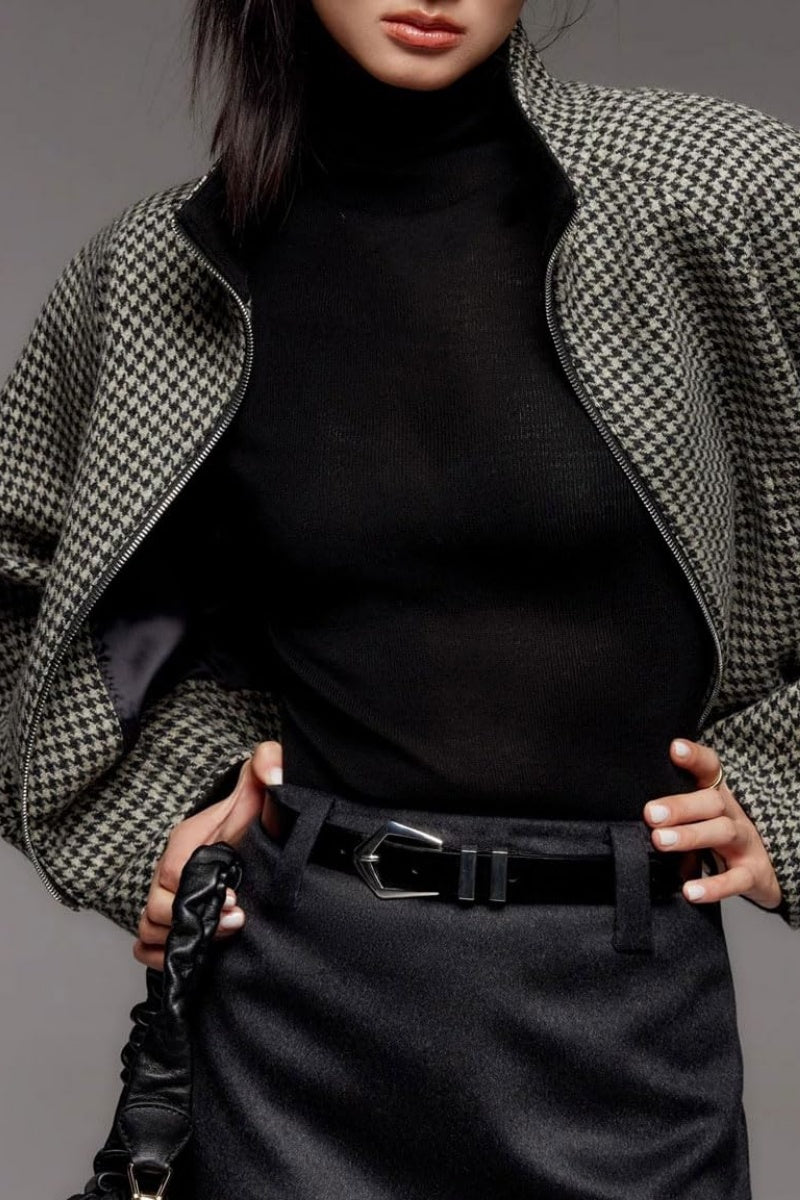 Chouyatou Women Cropped Wool Jacket Houndstooth Plaid Fall Winter Peacoat Outwear