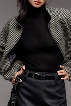 Chouyatou Women Cropped Wool Jacket Houndstooth Plaid Fall Winter Peacoat Outwear