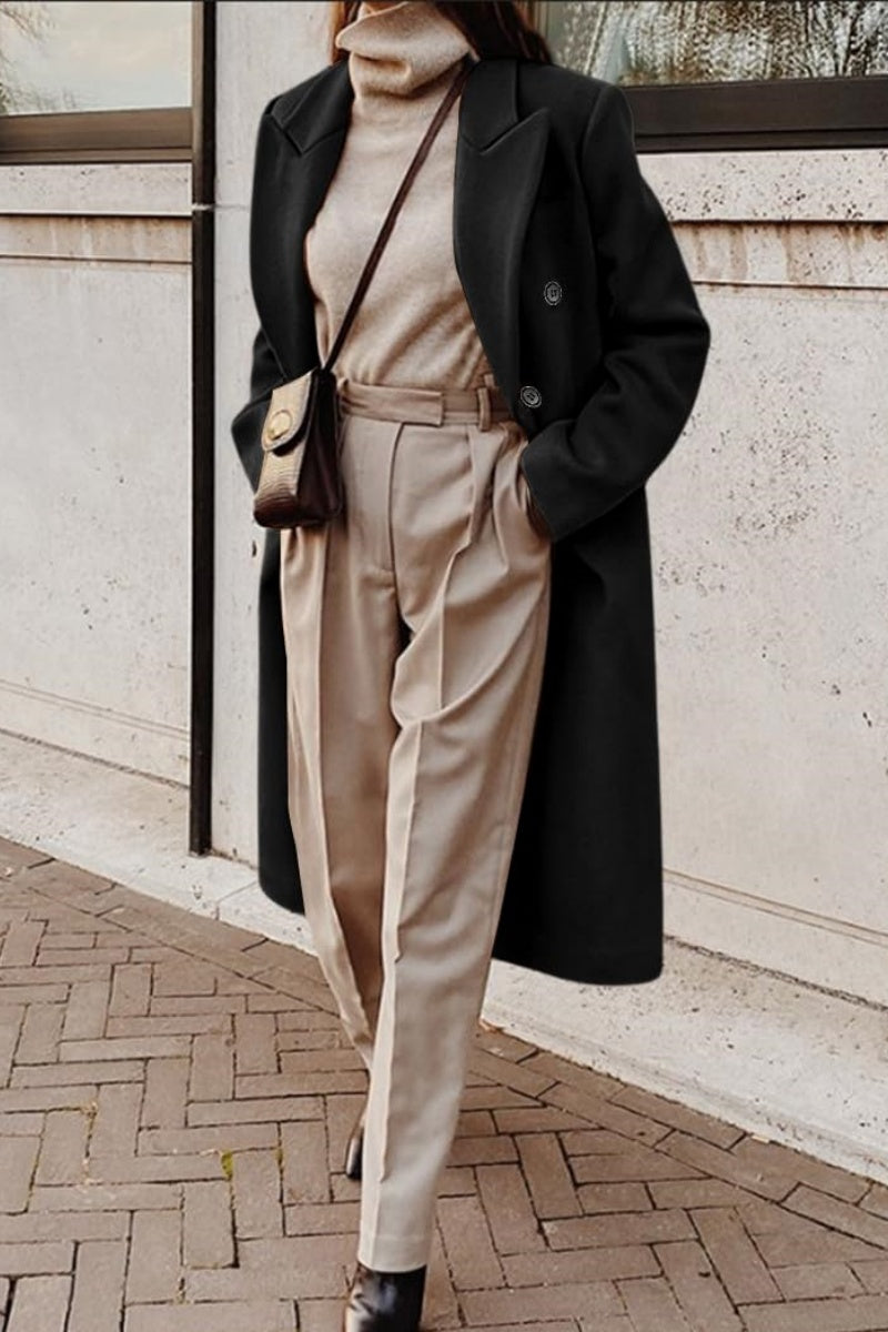 Chouyatou Women's Double Breasted Wool Coat Notched Lapel Collar Winter Pea Coat Overcoat Long Jackets