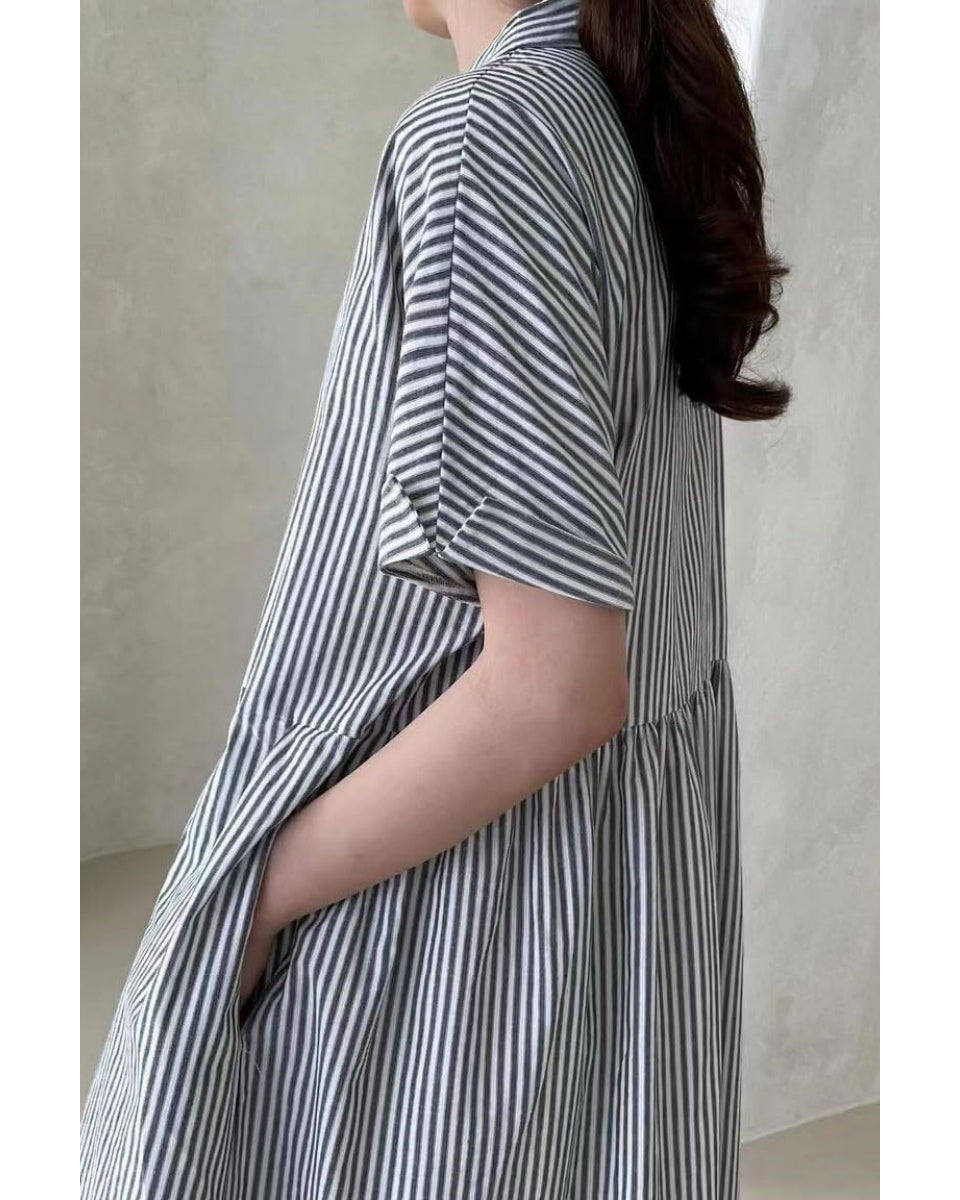 Chouyatou Women's Cotton Striped Shirt Dress Button Up Short Sleeve Midi Long Shift Dress with Pockets