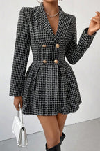 Chouyatou Women's Fall Plaid Tweed Dress Notched Lapel Double Breasted Elegant A Line Mini Jackie Dress