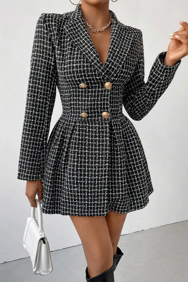 Chouyatou Women's Fall Plaid Tweed Dress Notched Lapel Double Breasted Elegant A Line Mini Jackie Dress