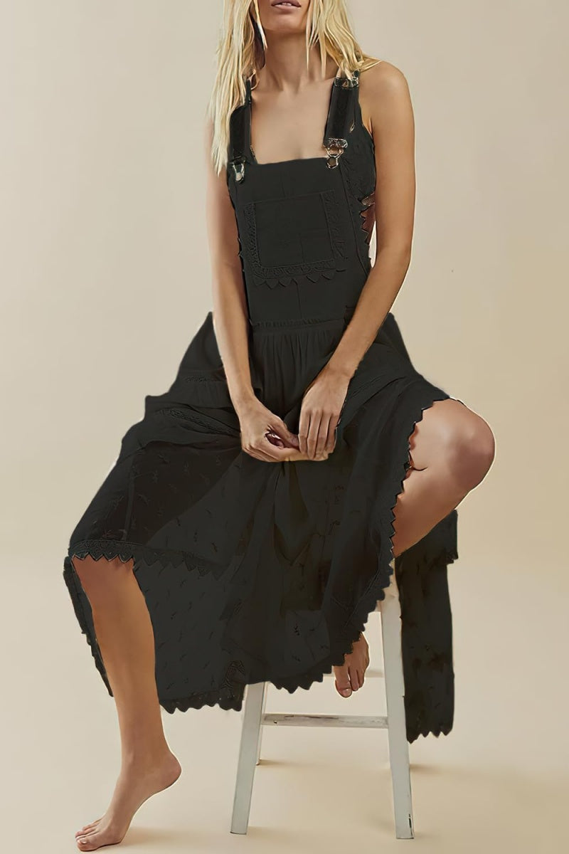 Chouyatou Women's Laced Embroidered Tulle Bib Dress Casual Loose Adjustable Straps Maxi Dress