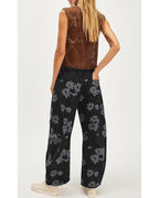 Chouyatou Women Y2k Distressed Barrel Jeans Baggy Wide Leg Jeans Floral Printed Boyfriend Patchwork Denim Pants