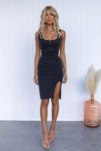 Chouyatou Denim Dress for Women Sleeveless Side Slit Bodycon Midi Jean Dresses
