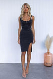 Chouyatou Denim Dress for Women Sleeveless Side Slit Bodycon Midi Jean Dresses