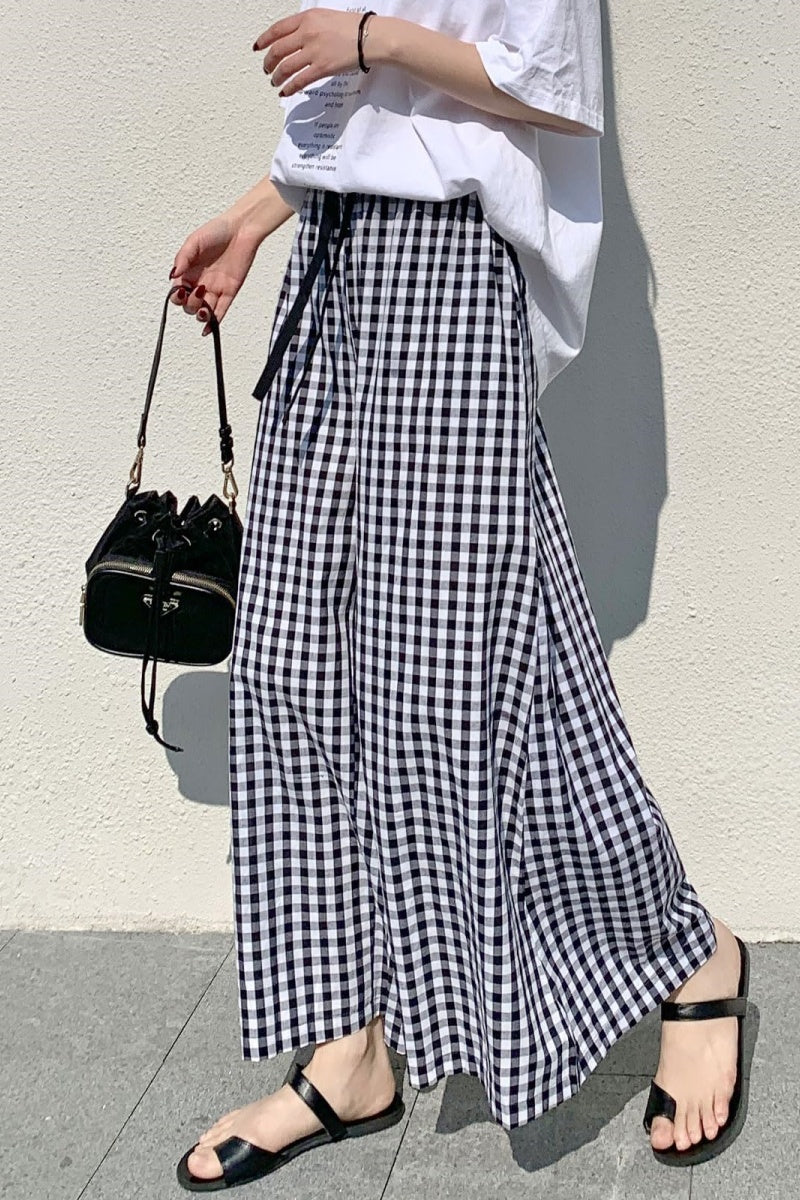 Chouyatou Women's Plaid Wide Leg Culotte Pants Gingham High Elastic Waisted Cropped Palazzo Pants with Pockets