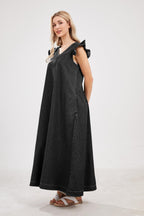 Chouyatou Womens Long Denim Dress Casual Loose Fit Ruffle Sleeveless V-Neck Jean Maxi Dresses for Women