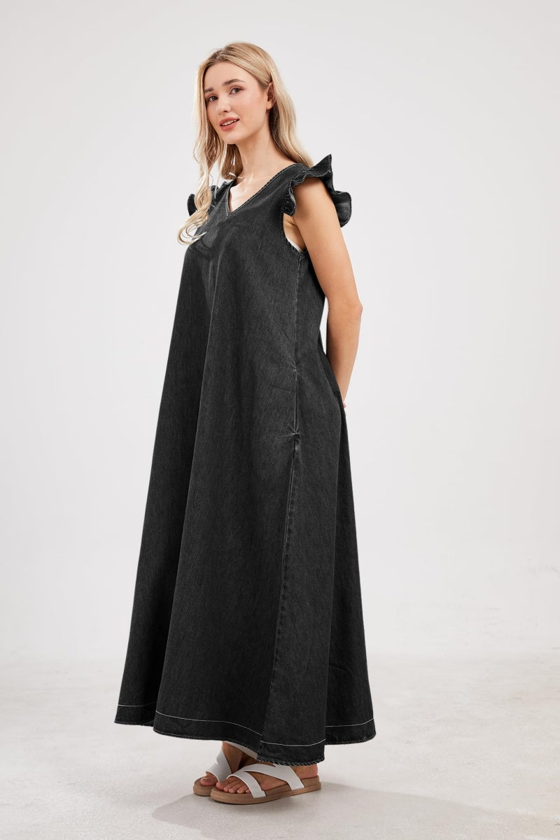 Chouyatou Womens Long Denim Dress Casual Loose Fit Ruffle Sleeveless V-Neck Jean Maxi Dresses for Women