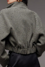 Chouyatou Women Cropped Wool Jacket Houndstooth Plaid Fall Winter Peacoat Outwear