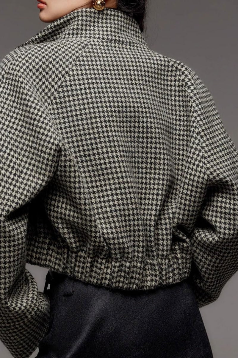 Chouyatou Women Cropped Wool Jacket Houndstooth Plaid Fall Winter Peacoat Outwear