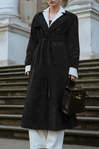 Chouyatou Womens Faux Suede Long Trench Coat Notched Lapel Double Breasted Pea Coat Overcoat with Belt
