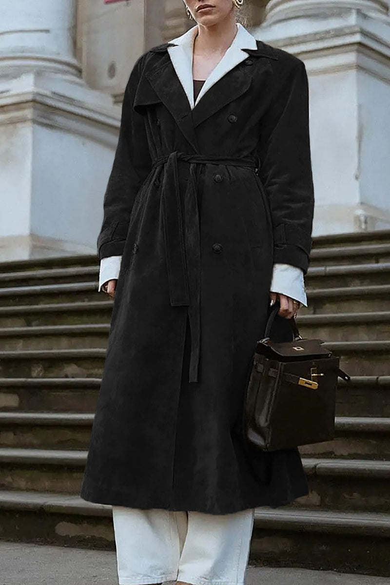 Chouyatou Womens Faux Suede Long Trench Coat Notched Lapel Double Breasted Pea Coat Overcoat with Belt
