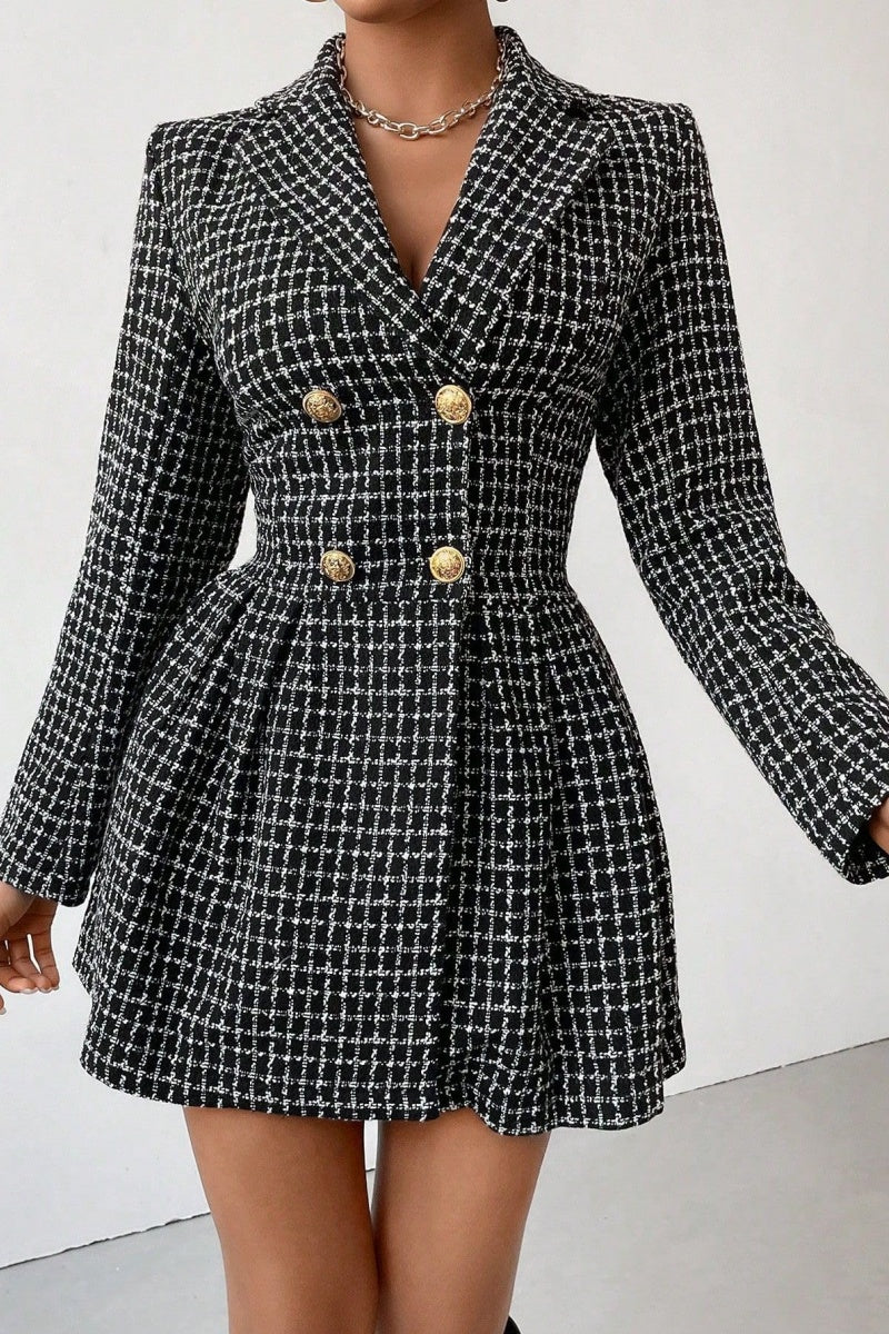 Chouyatou Women's Fall Plaid Tweed Dress Notched Lapel Double Breasted Elegant A Line Mini Jackie Dress