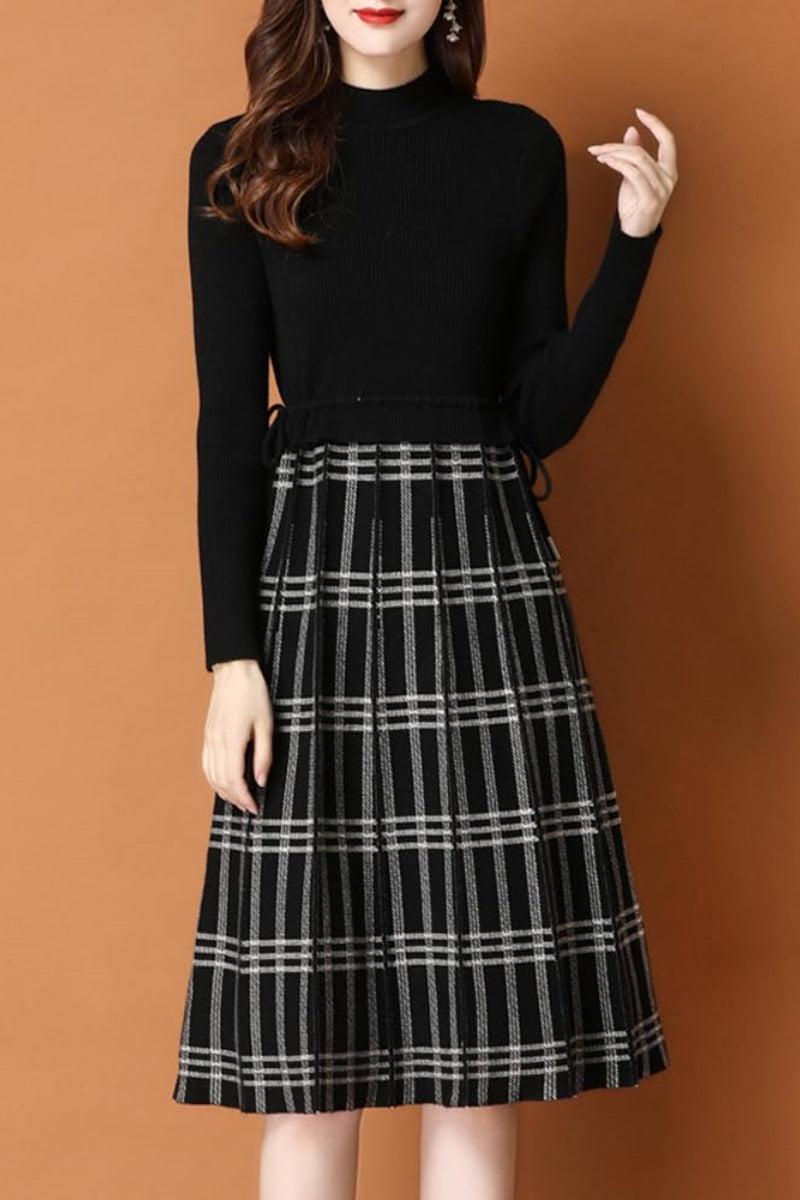 Chouyatou Women's Vintage Plaid Checkered Color Block A Line Pleated Knitted Sweater Midi Long Dress