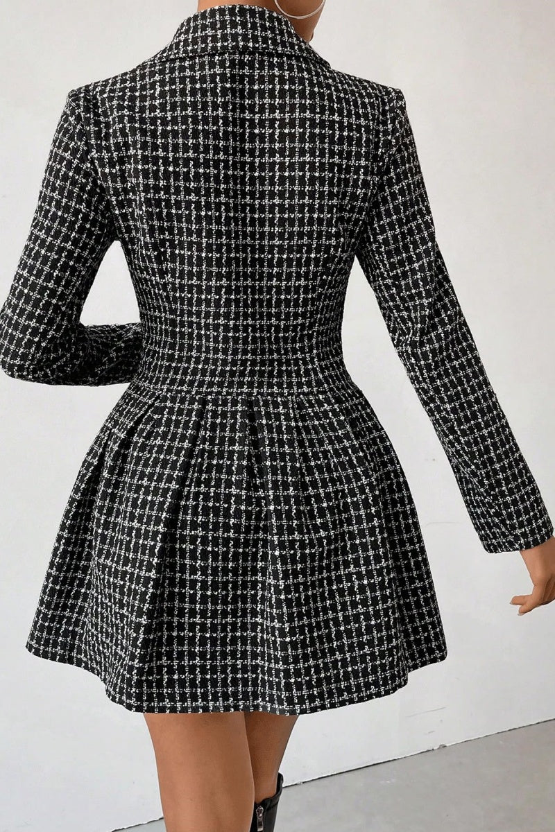 Chouyatou Women's Fall Plaid Tweed Dress Notched Lapel Double Breasted Elegant A Line Mini Jackie Dress