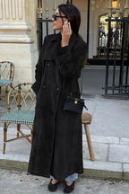 Chouyatou Womens Faux Suede Long Trench Coat Notched Lapel Double Breasted Pea Coat Overcoat with Belt