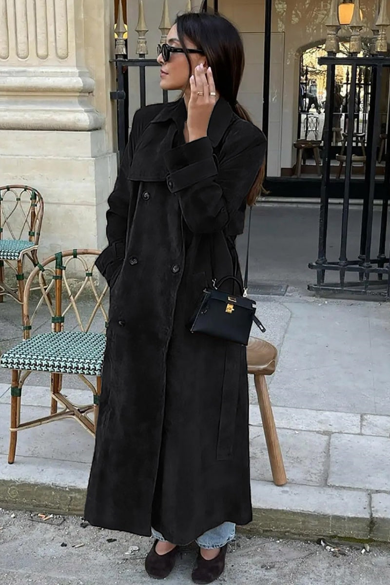 Chouyatou Womens Faux Suede Long Trench Coat Notched Lapel Double Breasted Pea Coat Overcoat with Belt