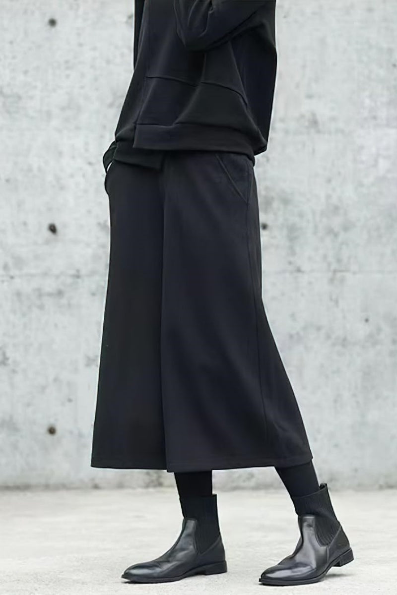 Chouyatou Women's Fall Wool Blend Culottes Capri Cropped Pants Elastic High Waist Wide Leg Palazzo Trouser