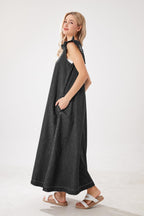 Chouyatou Womens Long Denim Dress Casual Loose Fit Ruffle Sleeveless V-Neck Jean Maxi Dresses for Women