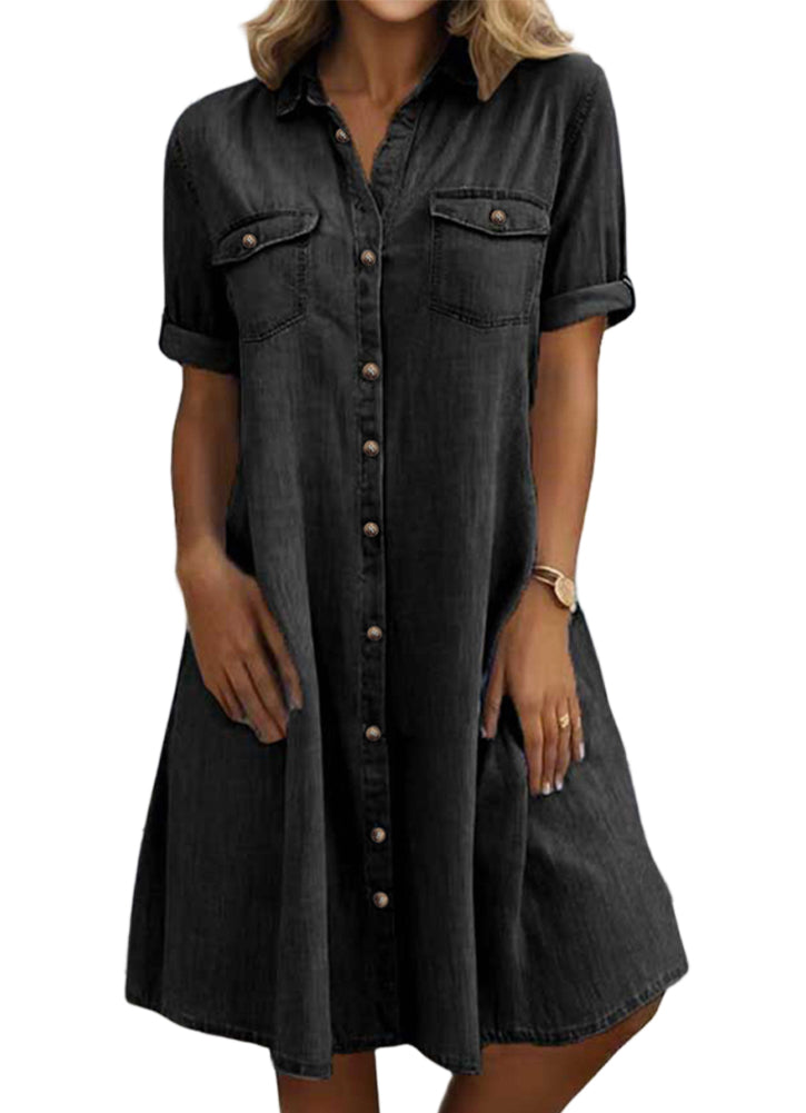 Chouyatou Women's Summer Short Sleeve Denim Shirt Dress Business Casual Button Down Midi Long Jean Dress