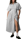 Chouyatou Women's Contrast Color Striped Shirt Dress Pleated Button Down Maxi Long Tunic Dress