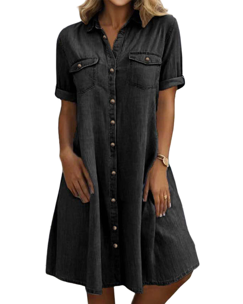 Chouyatou Women's Summer Short Sleeve Denim Shirt Dress Business Casual Button Down Midi Long Jean Dress