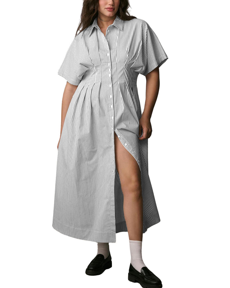 Chouyatou Women's Contrast Color Striped Shirt Dress Pleated Button Down Maxi Long Tunic Dress