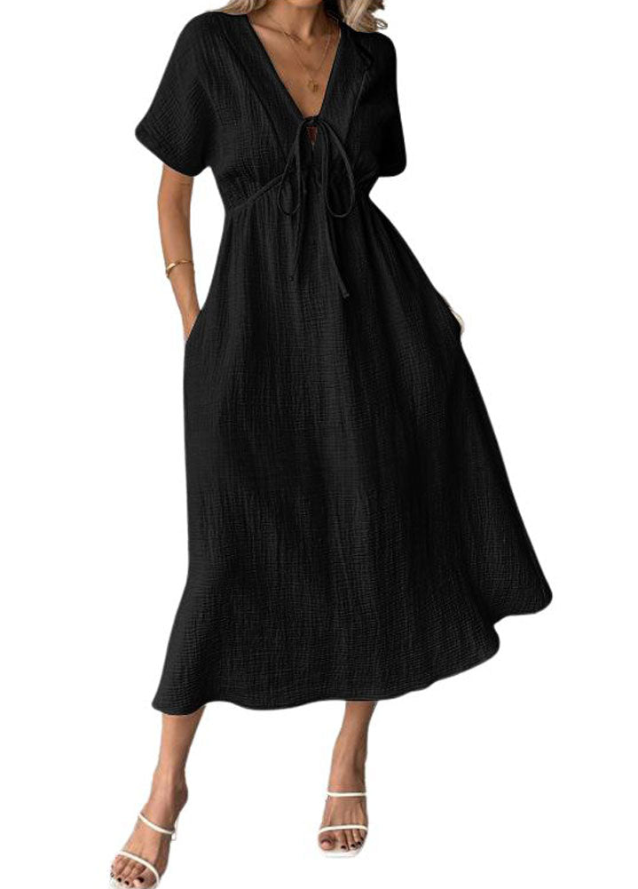 Chouyatou Women's Summer Boho V-Neck Cotton Tunic Dress Casual Loose Short Sleeve Midi Long Beach Dress