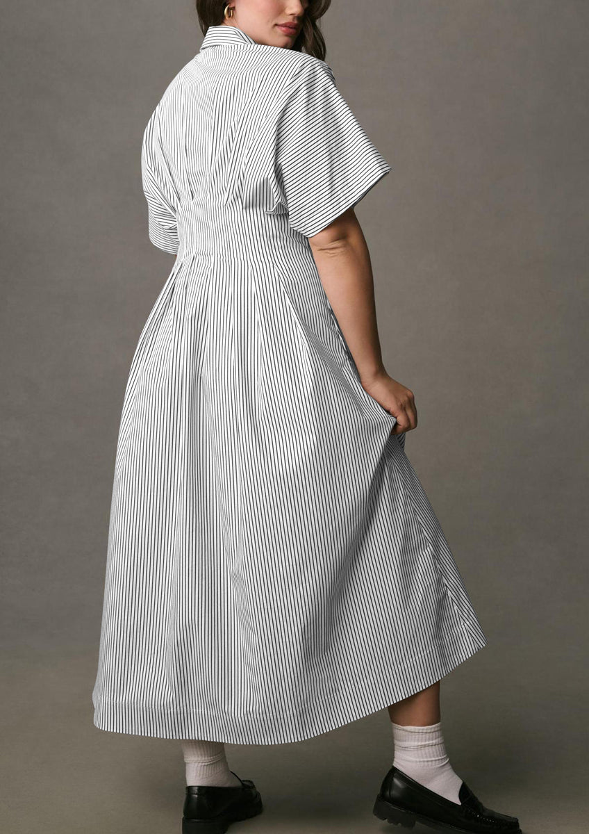 Chouyatou Women's Contrast Color Striped Shirt Dress Pleated Button Down Maxi Long Tunic Dress
