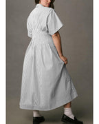 Chouyatou Women's Contrast Color Striped Shirt Dress Pleated Button Down Maxi Long Tunic Dress