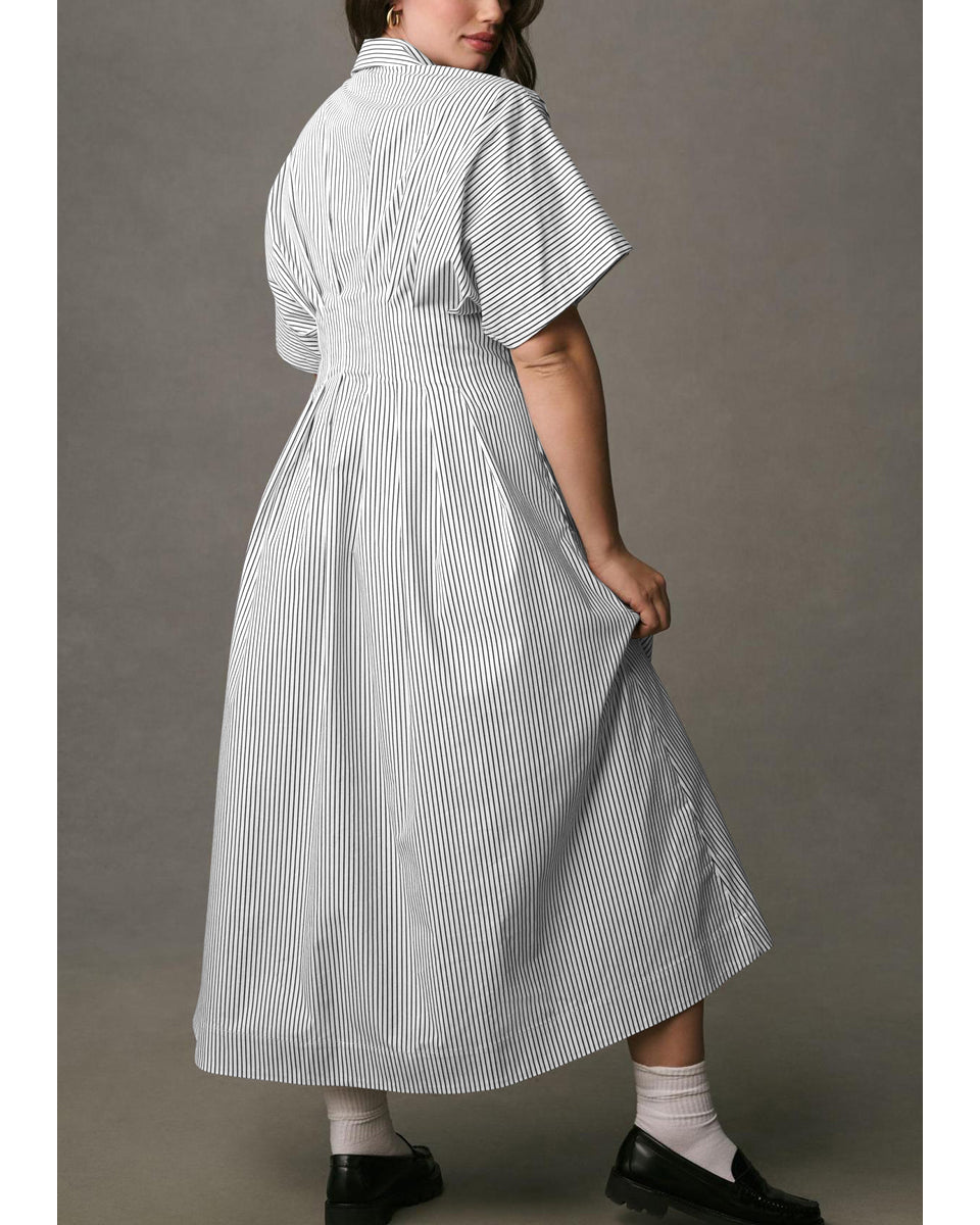 Chouyatou Women's Contrast Color Striped Shirt Dress Pleated Button Down Maxi Long Tunic Dress