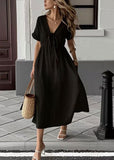 CHOUYATOU Women's Summer Boho V-Neck Cotton Tunic Dress Casual Loose Short Sleeve Midi Long Beach Dress