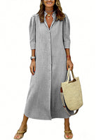 Chouyatou Women's Summer 3/4 Sleeve Striped Maxi Long Shirt Dress Boho Ruffled Button Down Beach Dress