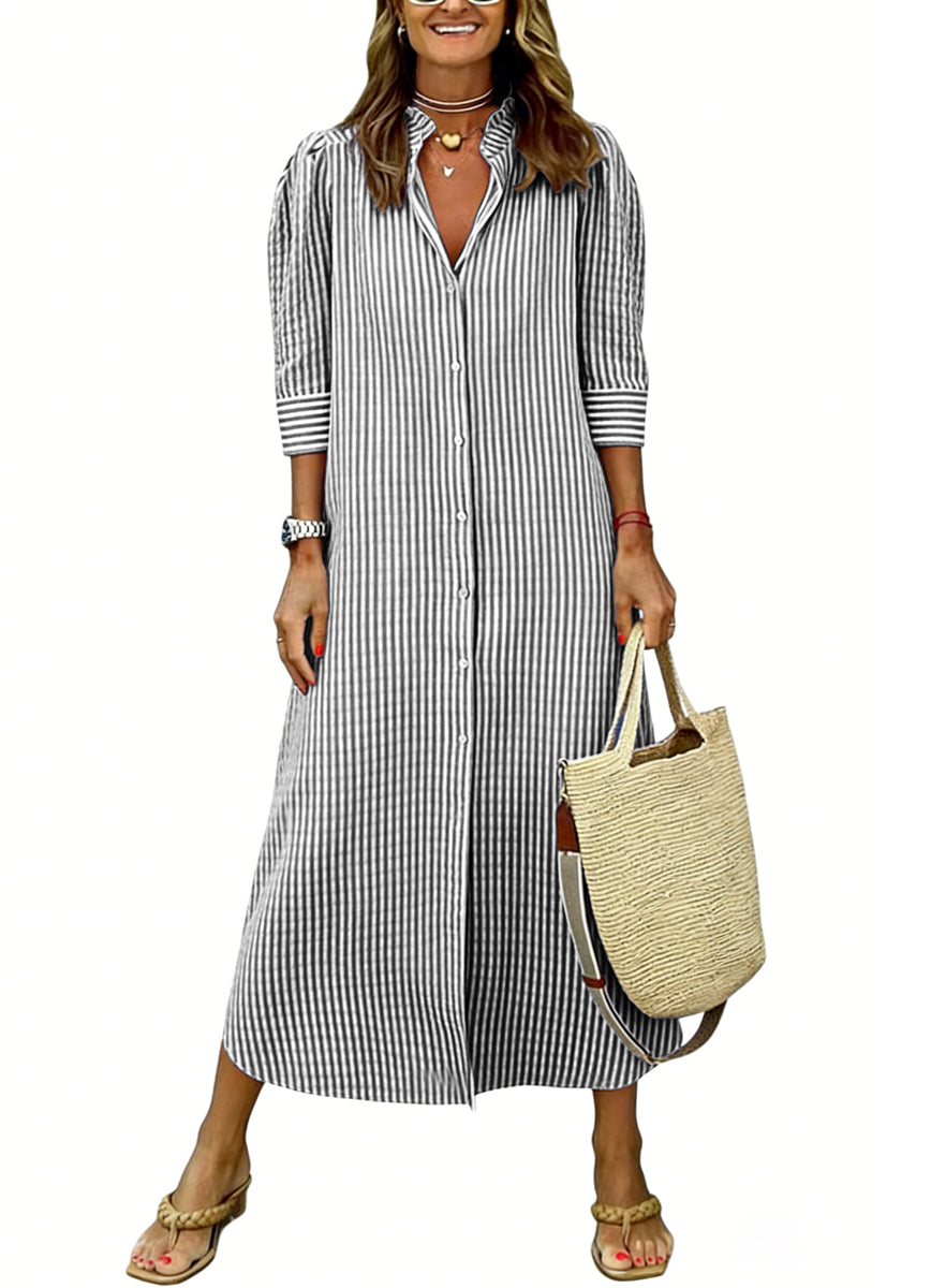 Chouyatou Women's Summer 3/4 Sleeve Striped Maxi Long Shirt Dress Boho Ruffled Button Down Beach Dress