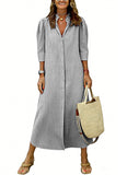 CHOUYATOU Women's Summer 3/4 Sleeve Striped Maxi Long Shirt Dress Boho Ruffled Button Down Beach Dress