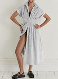 Chouyatou Women's Contrast Color Striped Shirt Dress Pleated Button Down Maxi Long Tunic Dress