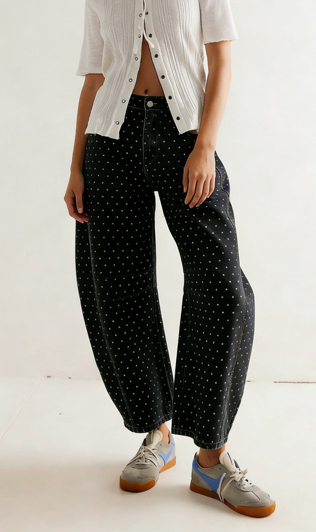 CHOUYATOU Women Baggy Polka Dot Barrel Jeans Y2K Floral Print Wide Leg Jeans Boyfriend Denim Ankle Pants