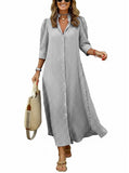 CHOUYATOU Women's Summer 3/4 Sleeve Striped Maxi Long Shirt Dress Boho Ruffled Button Down Beach Dress