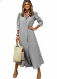 CHOUYATOU Women's Summer 3/4 Sleeve Striped Maxi Long Shirt Dress Boho Ruffled Button Down Beach Dress