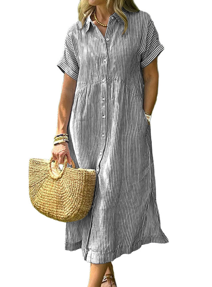 Chouyatou Women's Summer Striped Midi Long Shirt Dress Casual Loose Short Sleeve Button Down Dress