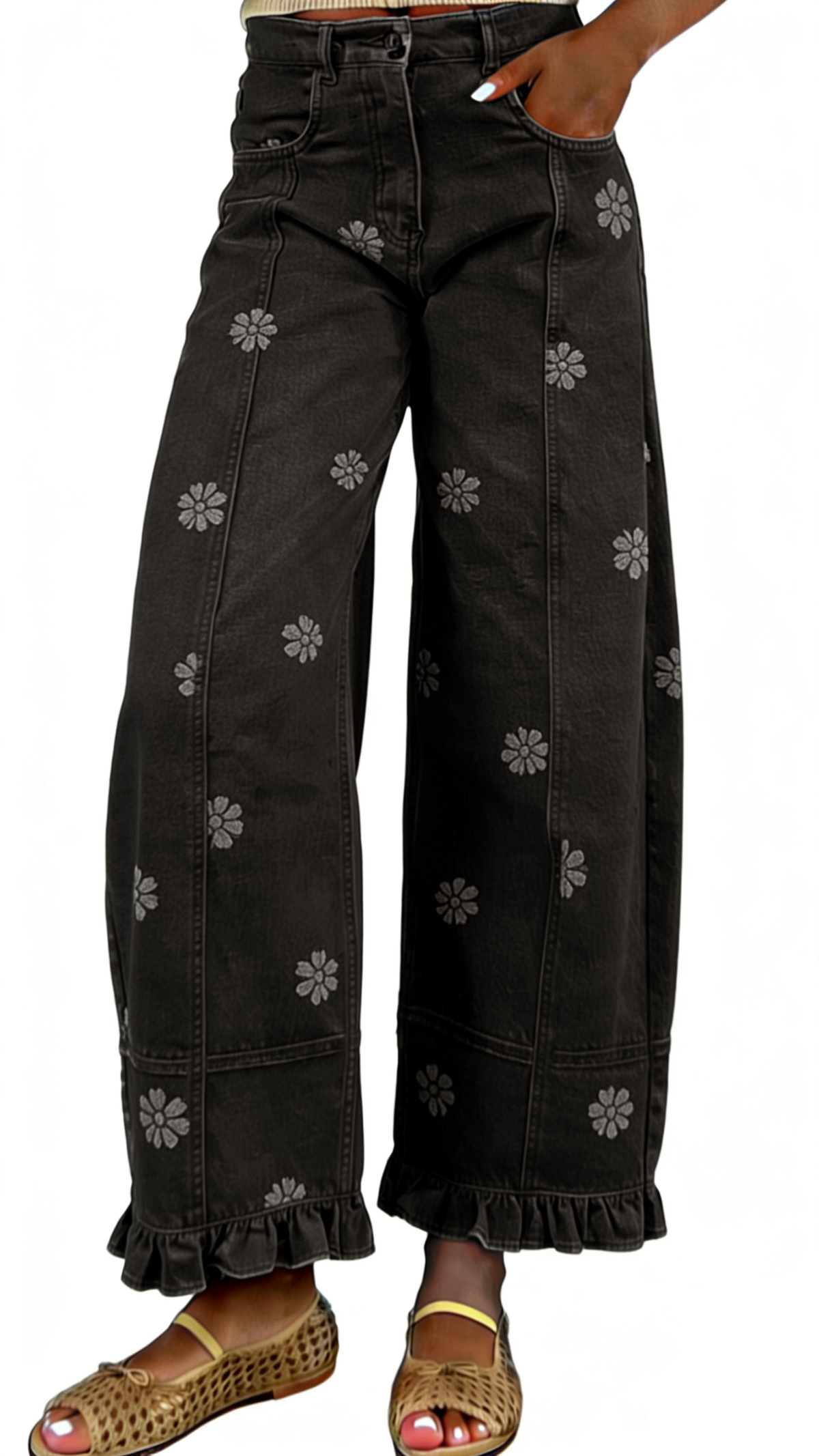 Chouyatou Barrel Jeans Women Floral Print Wide Leg Jeans Y2k Patchwork Baggy Boyfriend Denim Pants