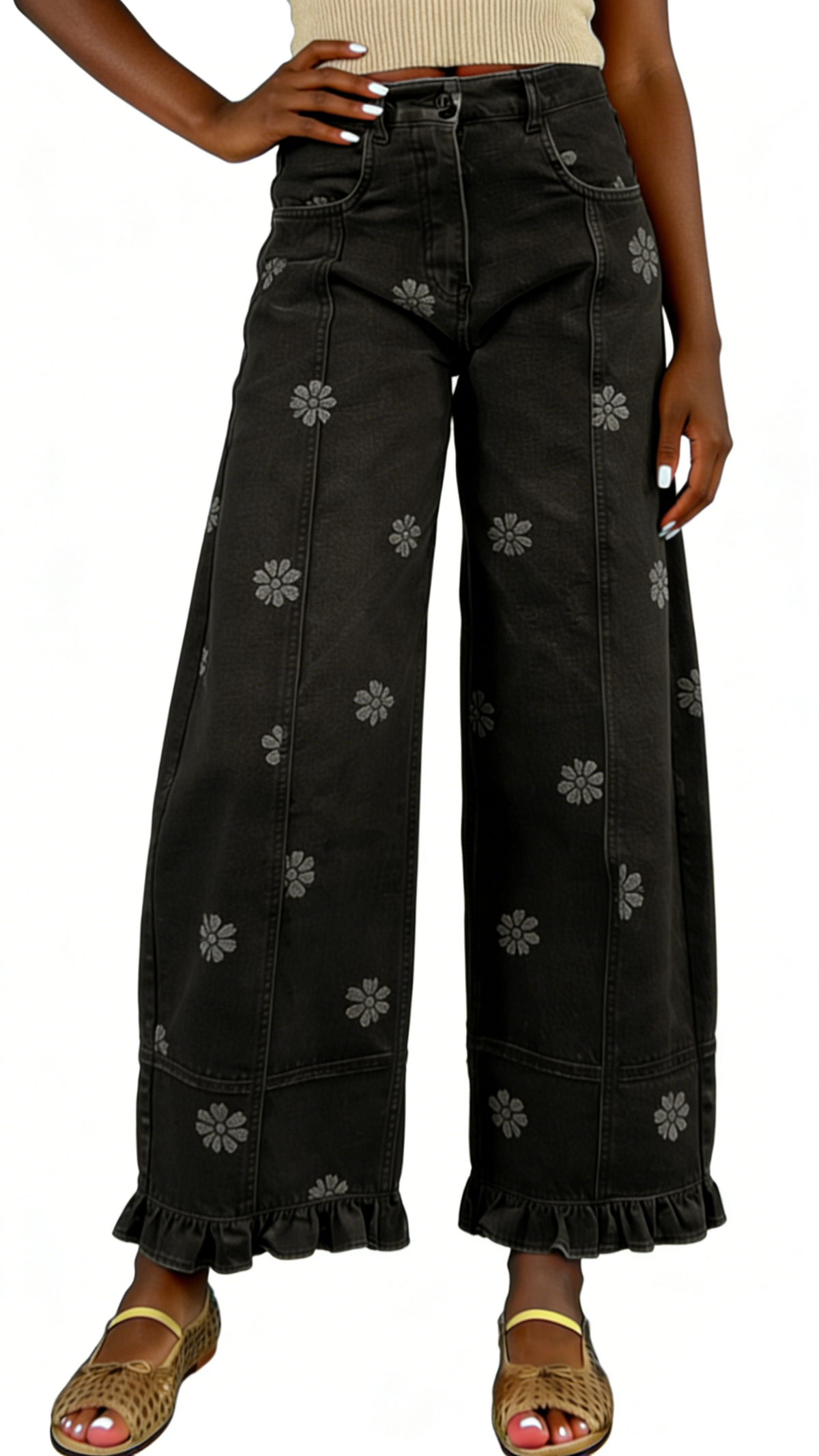 Chouyatou Barrel Jeans Women Floral Print Wide Leg Jeans Y2k Patchwork Baggy Boyfriend Denim Pants
