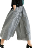 Chouyatou Women's Cotton Linen Pants Elastic Waist Plaid Gingham Wide Leg Capri Palazzo Pants