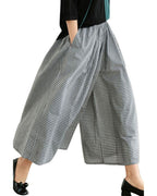 Chouyatou Women's Cotton Linen Pants Elastic Waist Plaid Gingham Wide Leg Capri Palazzo Pants